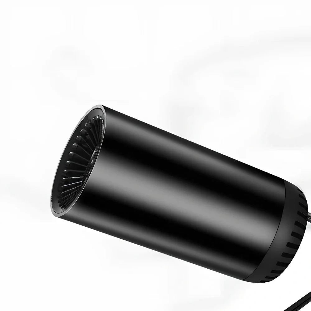 Black-grey 12V car windshield heater with suction cup mount measuring 15x7cm with 1.5m cable