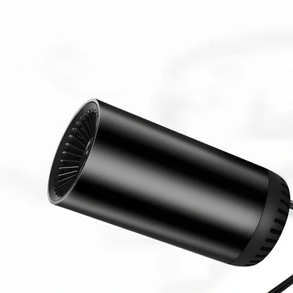 Black-grey 12V car windshield heater with suction cup mount measuring 15x7cm with 1.5m cable