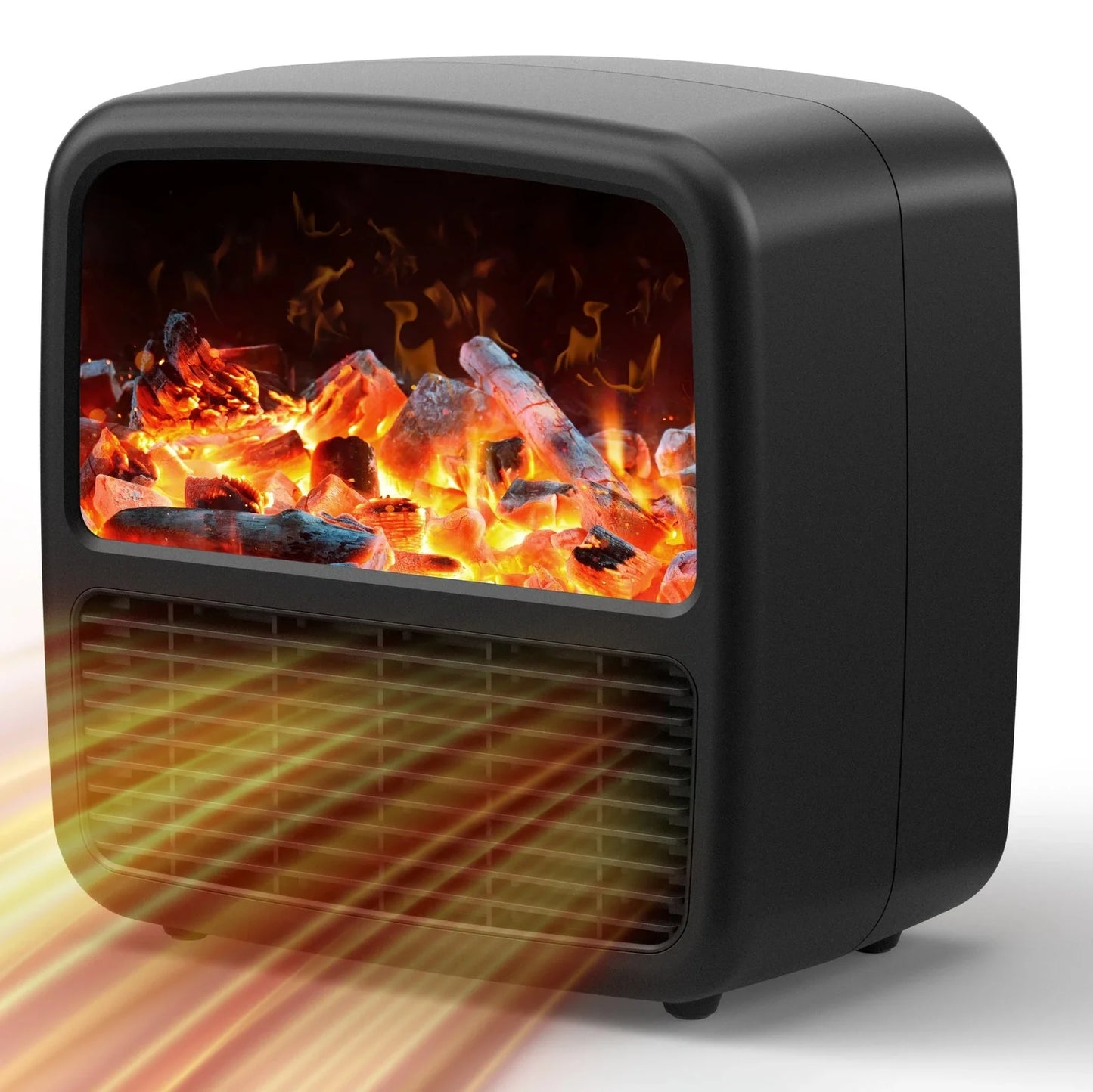 Black desktop electric space heater with ceramic heating element and mechanical controls measuring 22cm square