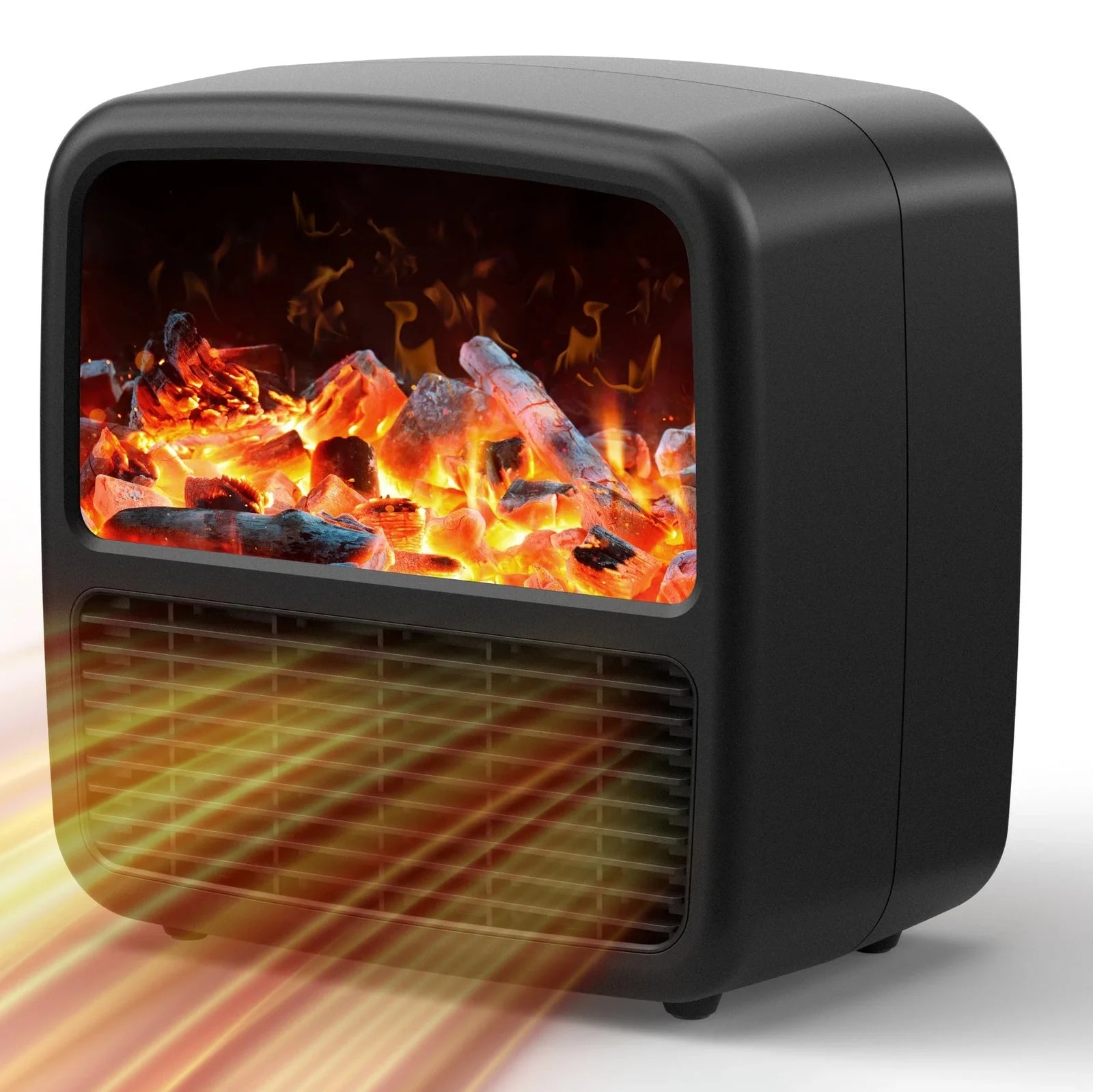 Black desktop electric space heater with ceramic heating element and mechanical controls measuring 22cm square