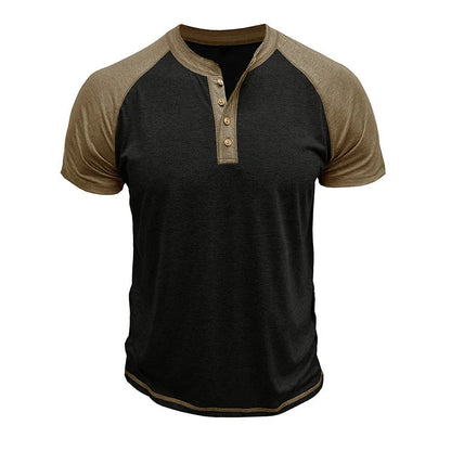 Man wearing a short sleeve colour block pullover with raglan sleeves in a green and khaki combination.
