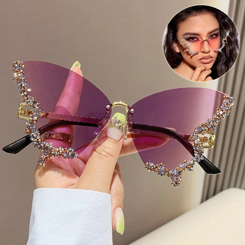 Luxurious diamond-studded butterfly sunglasses with oversized frames and a variety of color options