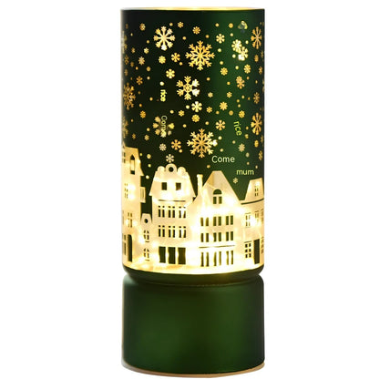 Glass Christmas desktop decoration showing tree, cone, and cup designs in various colours