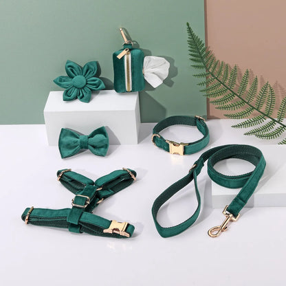 Classic velvet pet collar traction rope set with bow tie decoration and adjustable chest strap
