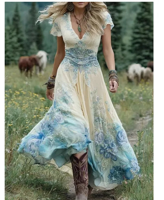 Women's loose creative pattern totem deep V-neck short sleeve dress in artistic retro style