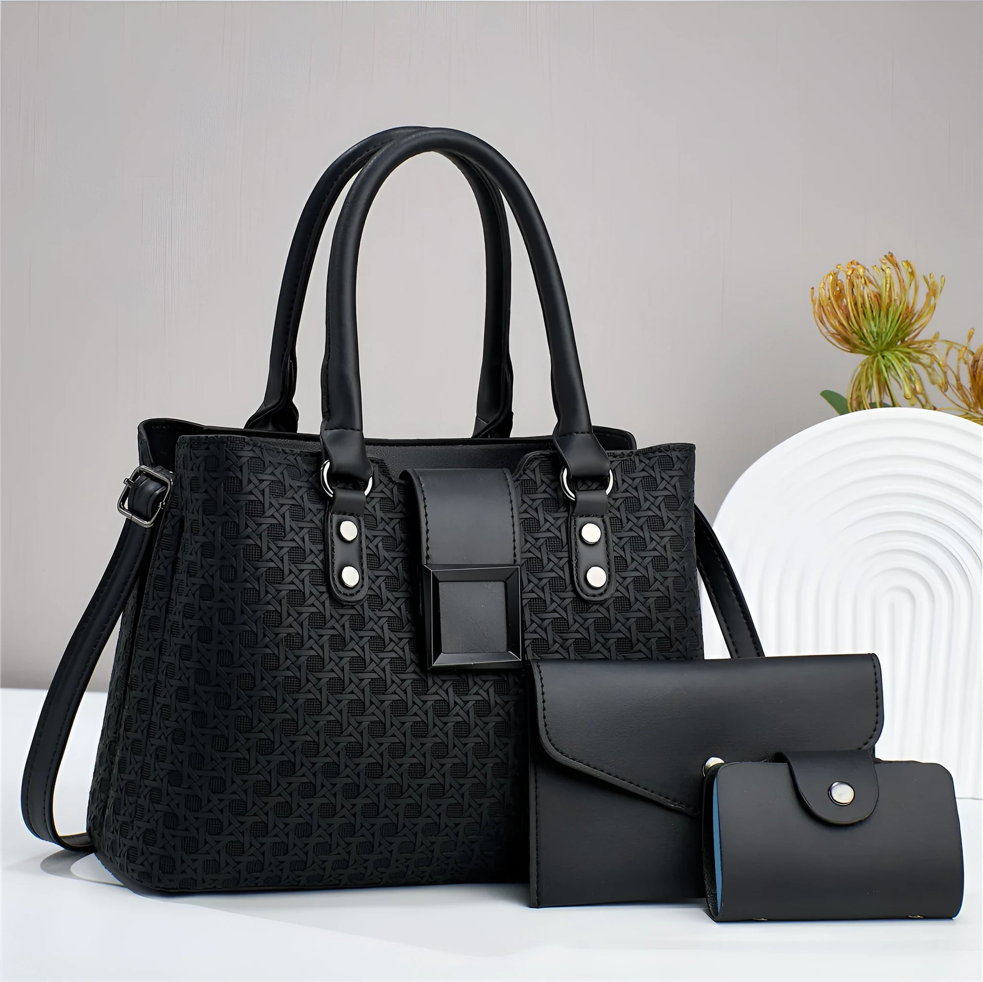 Textured PU leather three-piece women's crossbody bag in a square vertical shape, shown in apricot colour.
