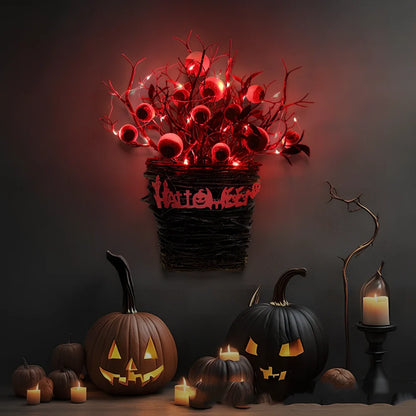 Halloween door hanging decoration with red eye bead flower basket design measuring 38x32x13cm