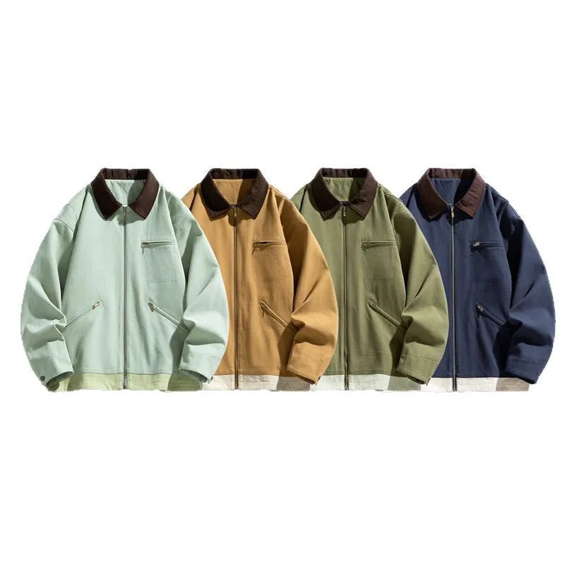 Korean-style loose fit couple jacket with contrast colour lapels and side seam pockets in polyester fabric