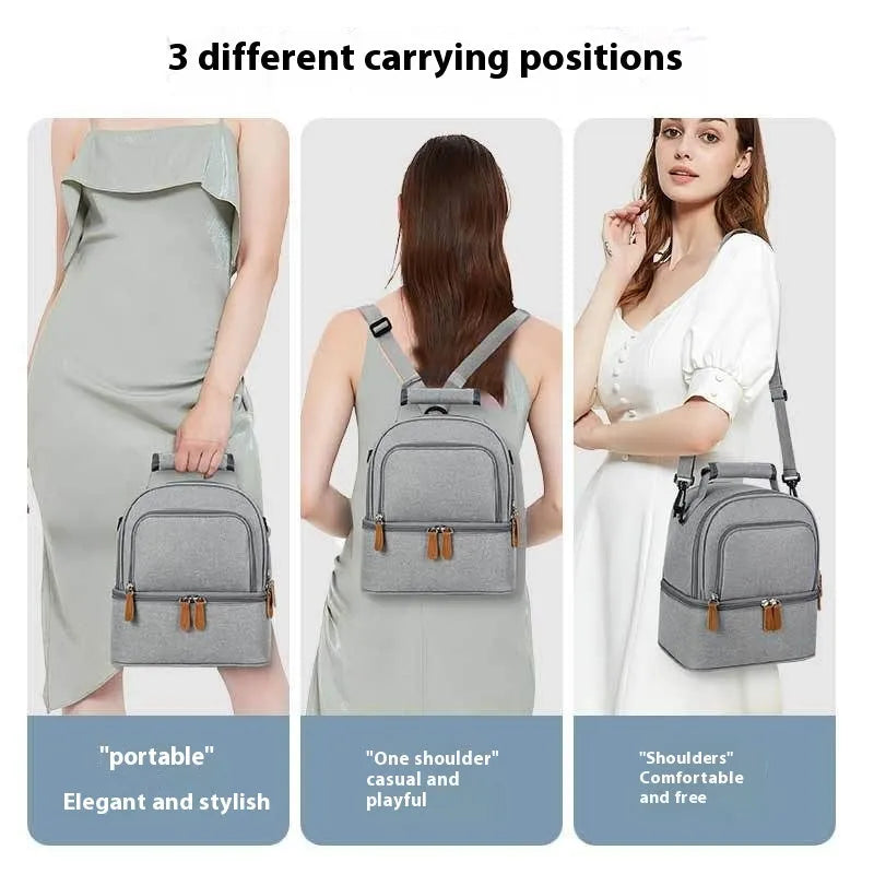 Grey Oxford cloth women's thermal insulation backpack with curved shoulder straps.