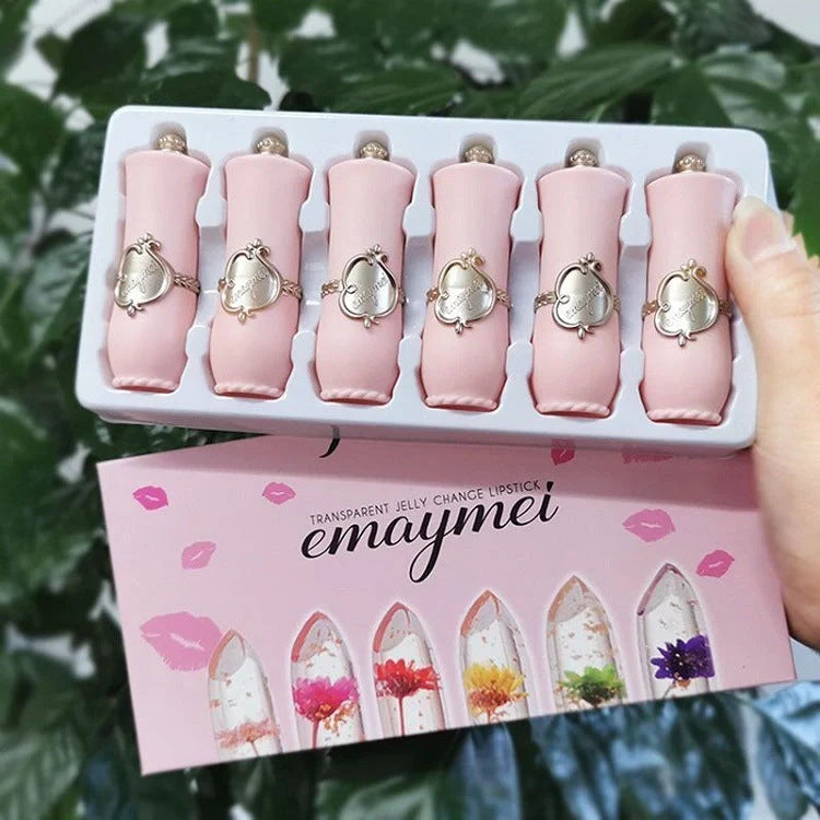 Jelly Flower Lipstick Set with six color-changing, flower-infused lipsticks