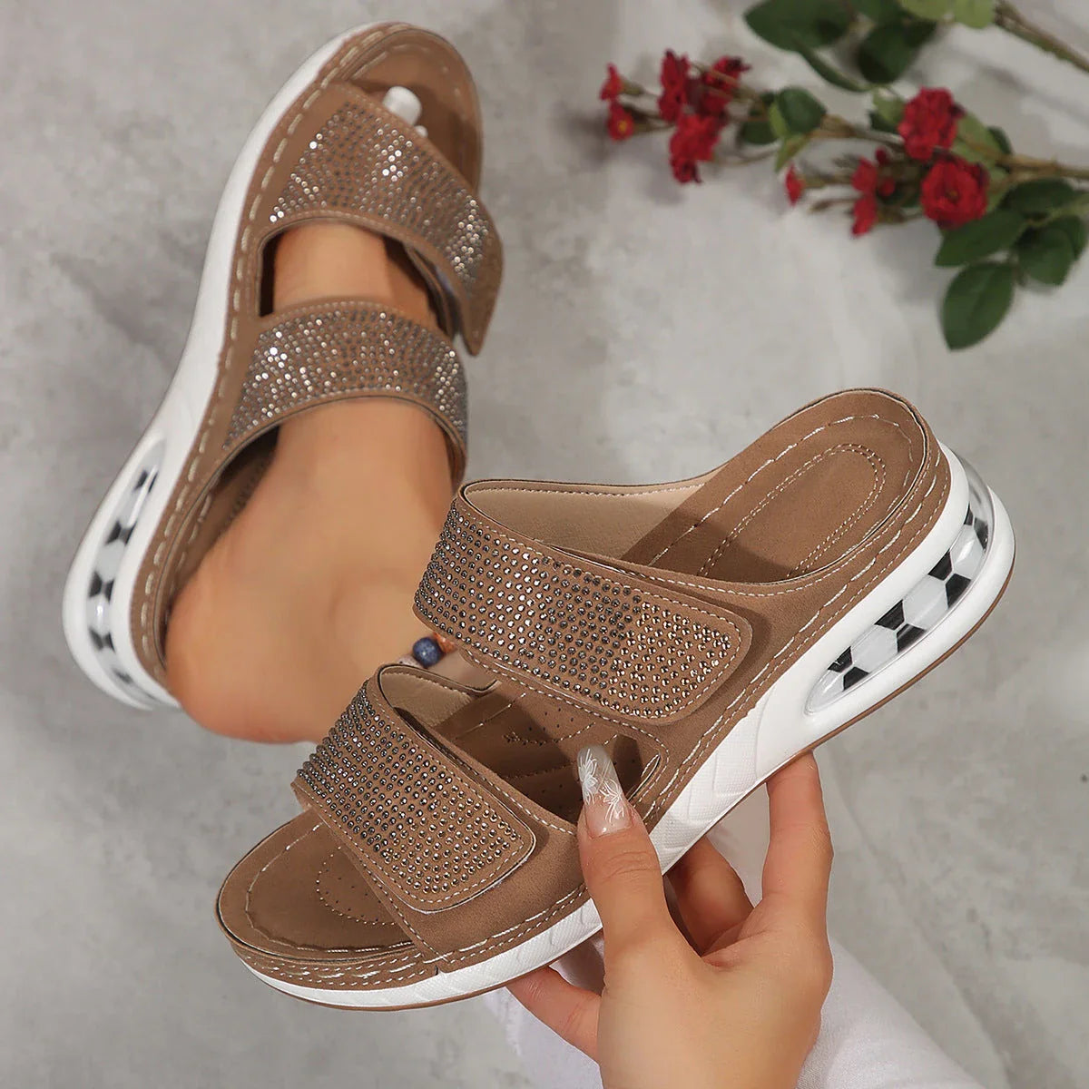 Stylish rhinestone slip-on sandals for women with non-slip soles, available in multiple colors and sizes