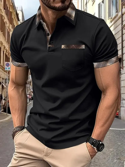 Men's short sleeve plaid colourblock t-shirt with zipper decoration in various colours and sizes