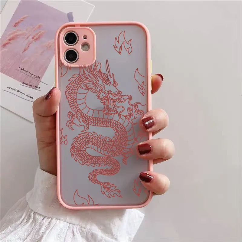 Frosted iPhone case with dragon line art in black, showing Chinese-style painted design and TPU PC back cover.