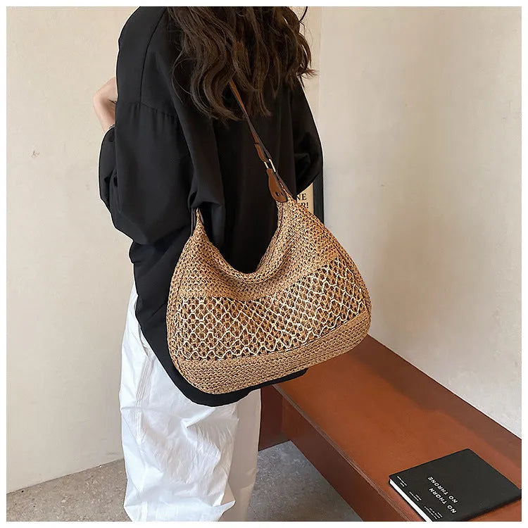 Women's casual straw cross body bag in khaki colour with sandwich pocket design