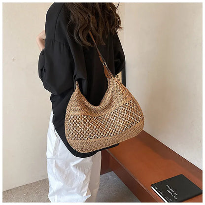 Women's casual straw cross body bag in khaki colour with sandwich pocket design