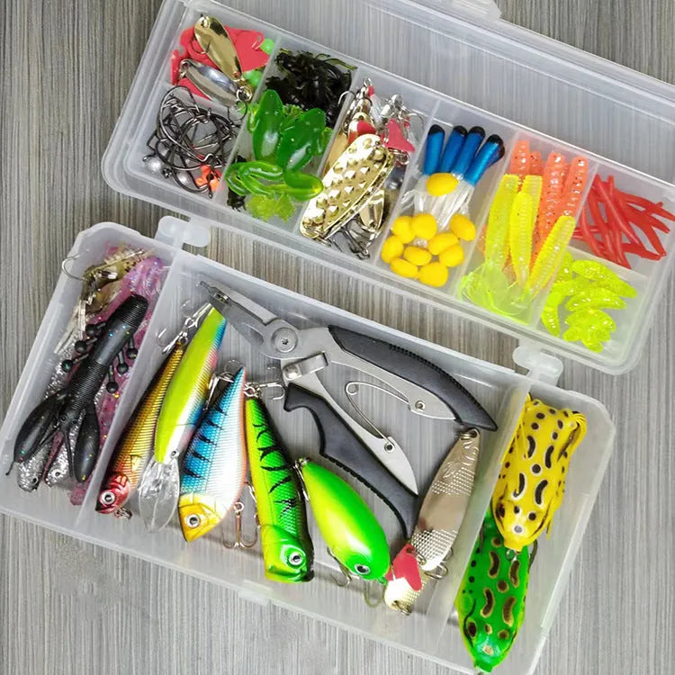 Lure Suit 142-piece fishing tackle set showing hard mino lures, sequins, and metal components arranged for display
