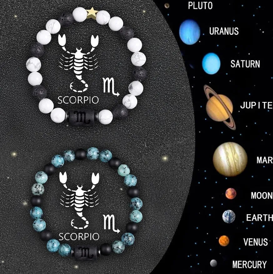 Twelve Zodiac Sign beaded bracelet set with natural stone beads and stainless steel clasp on wrist