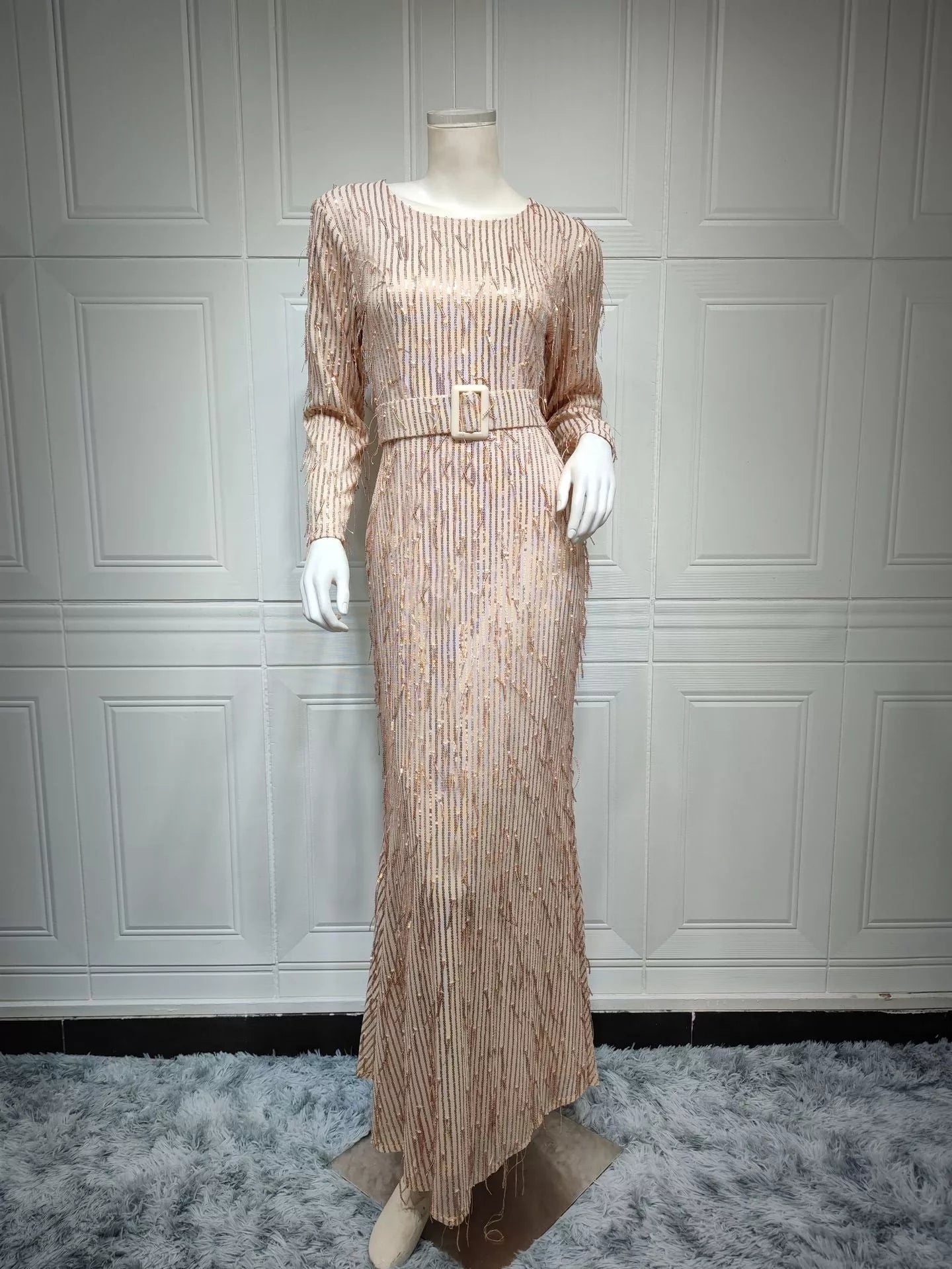Sequin Tassels Slim-fit Muslim Dress in gold and silver with unique detailing