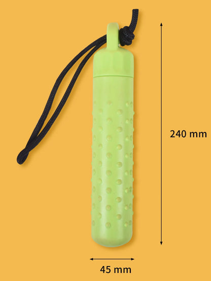 Two bright red and green floating TPR dog toys with ropes for water fetch and food hiding.
