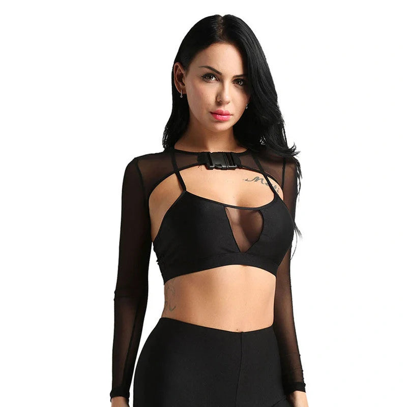 Women's transparent mesh crop top with long sleeves and front button closure