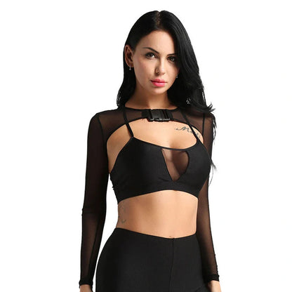 Women's transparent mesh crop top with long sleeves and front button closure
