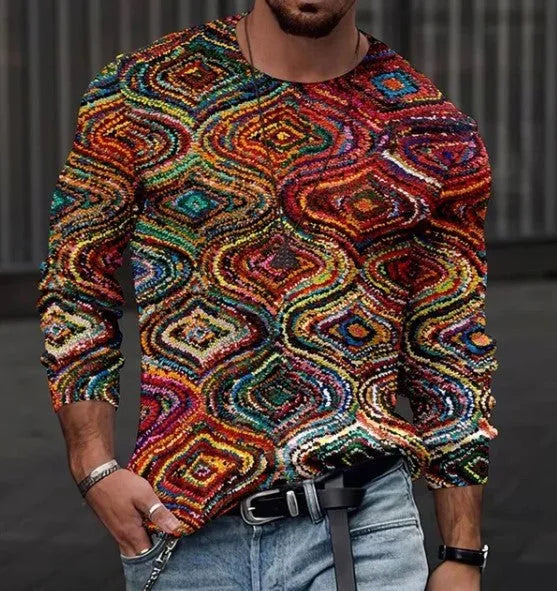 Printed collarless long sleeve slim casual top in white and blue, sizes M to 3XL, polyester fibre