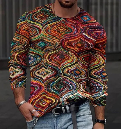 Printed collarless long sleeve slim casual top in white and blue, sizes M to 3XL, polyester fibre