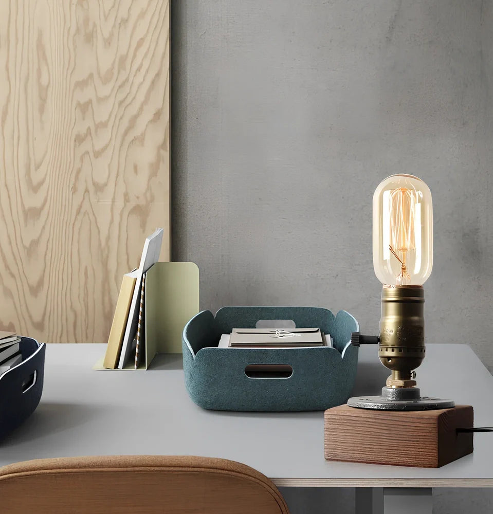 Water pipe table lamp with wood and iron construction measuring 9cm wide by 13cm tall