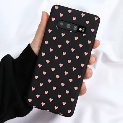 Love Silicone Phone Case for Samsung, TPU back cover, Black Love design with painted dots and animals.