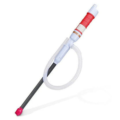 Blue and red manual siphon hand pump for fuel and oil transfer.