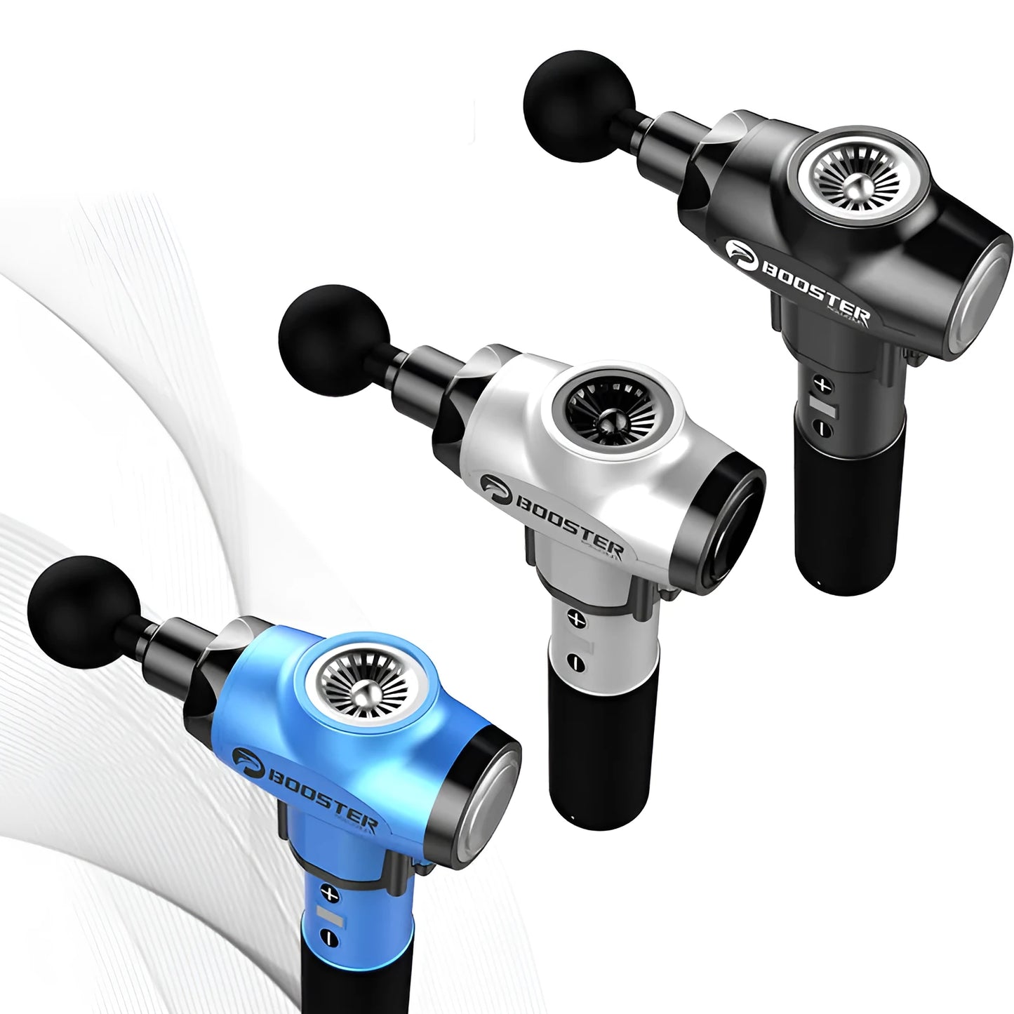 Black and white percussion massage gun with deep 12mm stroke on a gym towel.