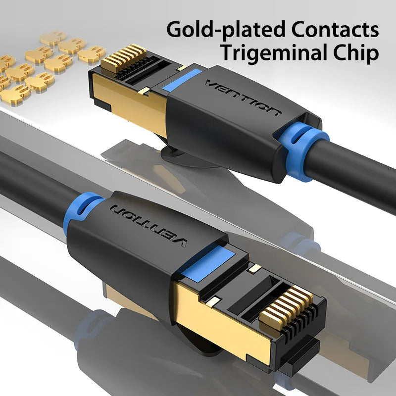 Cat8 flat and round shielded Ethernet cable with RJ45 connectors for 10G network speed