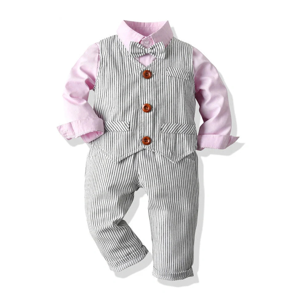 Three-piece baby boy suit with white shirt, striped vest, and trousers in cotton fabric