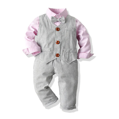 Three-piece baby boy suit with white shirt, striped vest, and trousers in cotton fabric