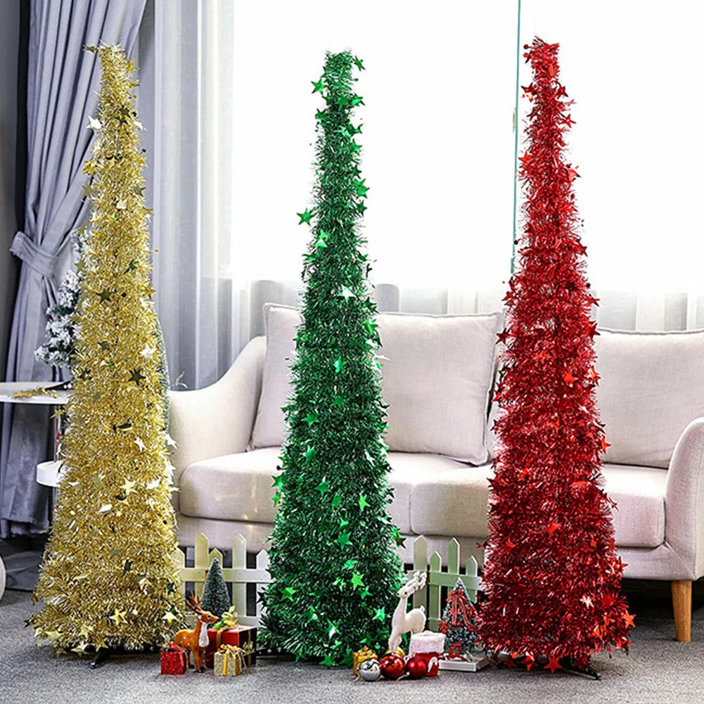 Collapsible artificial Christmas tree with sequin decorations in silver, green, gold, red, and blue options