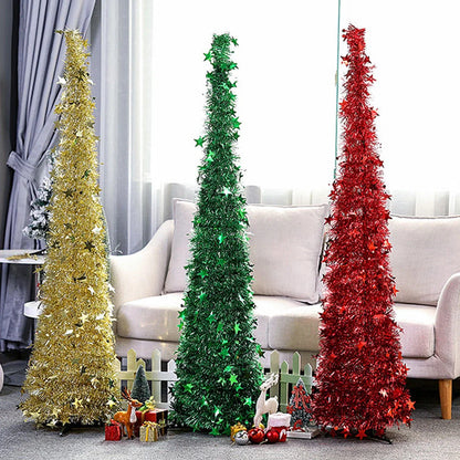 Collapsible artificial Christmas tree with sequin decorations in silver, green, gold, red, and blue options