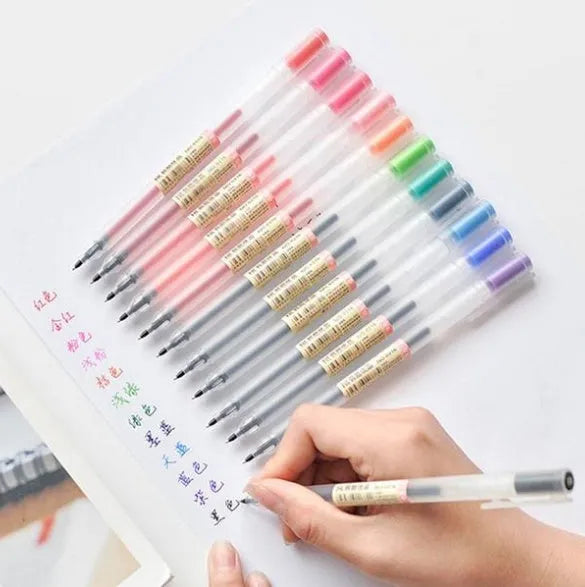 Muji Gel Pen 12-piece set showing 0.5mm nibs with ink prevention mechanism that reduces paper bleed