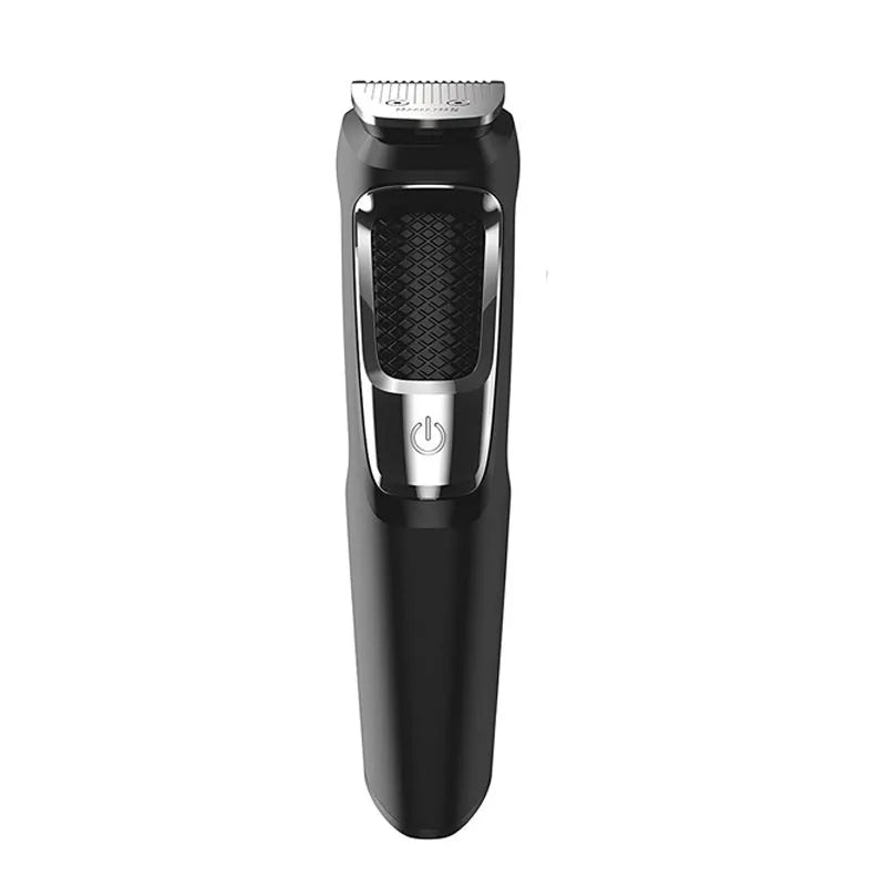 Men's nose hair and beard trimmer with cleaning brush and charging cable on a white background.