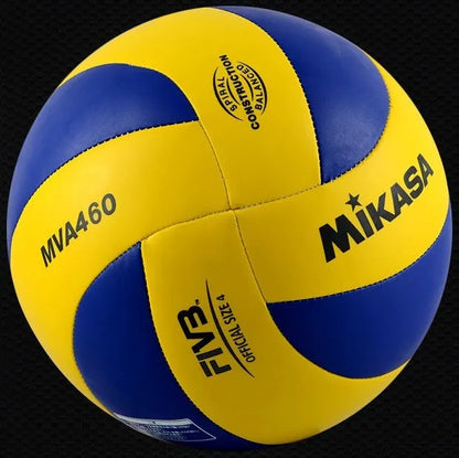 PU volleyball in size 4 or 5 with machine-sewn panels, available in MVA360 and MVA460 colours