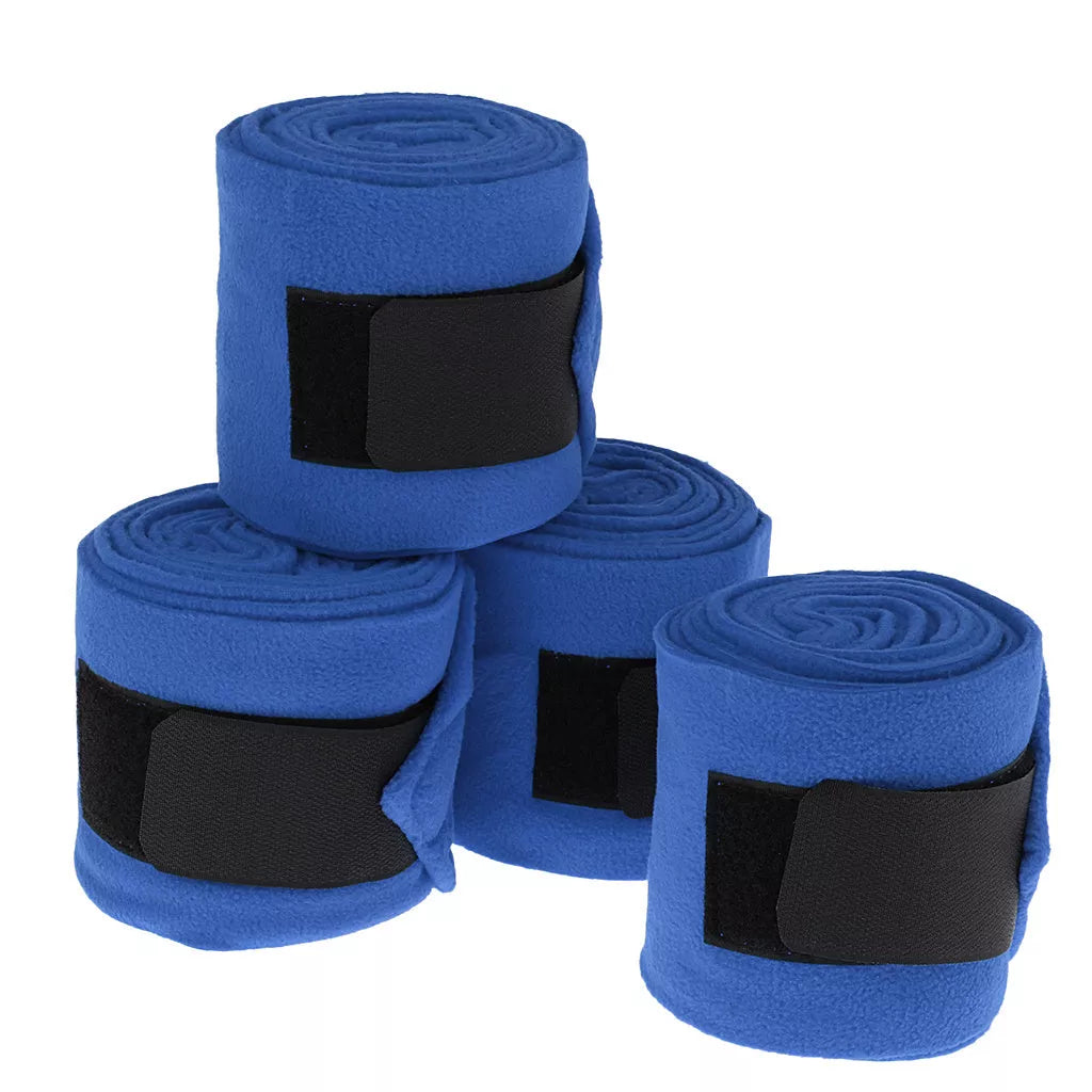 Polar fleece horse leg wraps in blue, grey, black, and red for leg support and protection