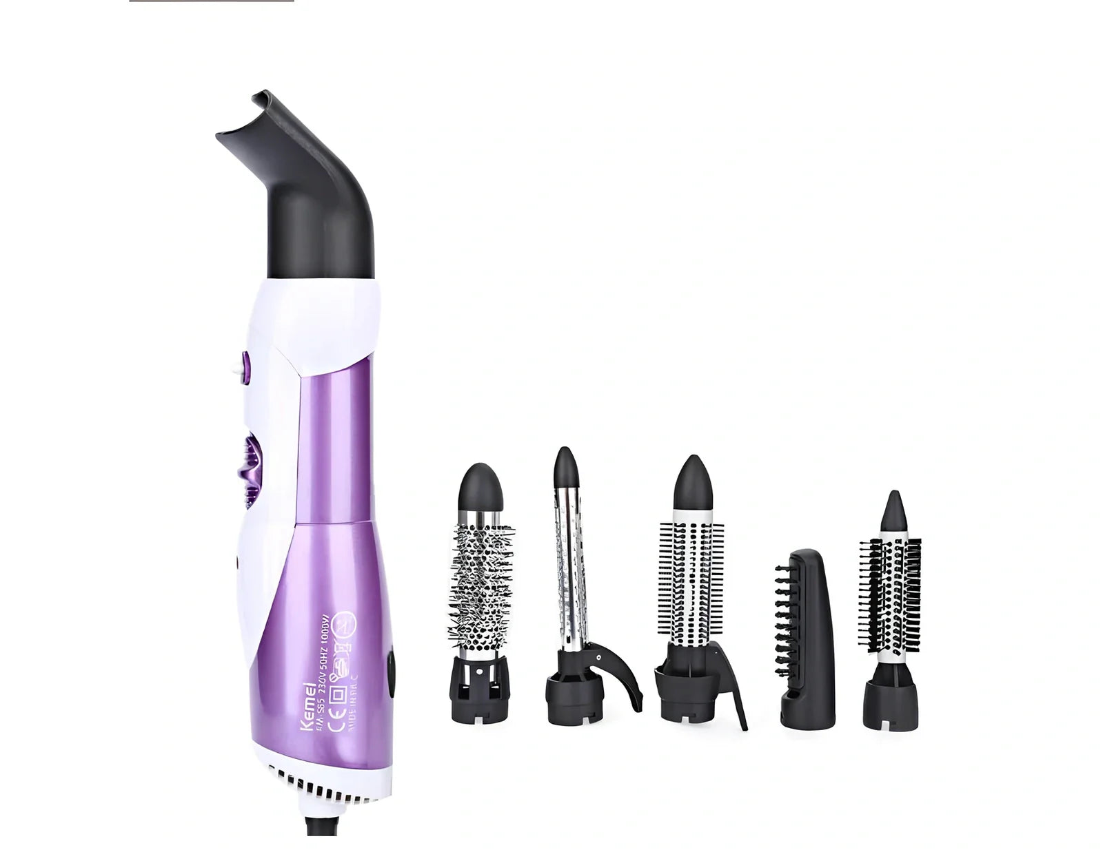 Purple folding hair dryer with diffuser attachment showing compact 20.5cm size