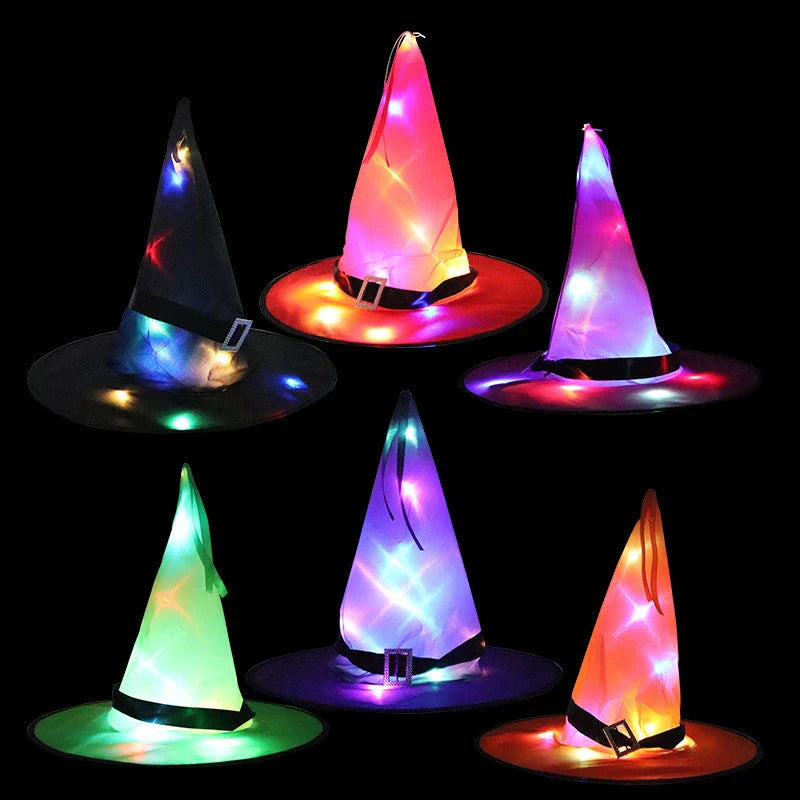 A colorful LED-illuminated witch hat with elf ears, perfect for Halloween home decor and parties.