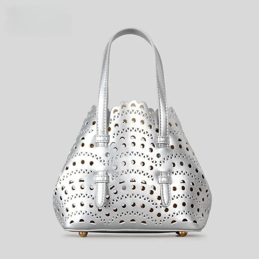 Hollow carved PU messenger tote bag with three straps in horizontal square shape