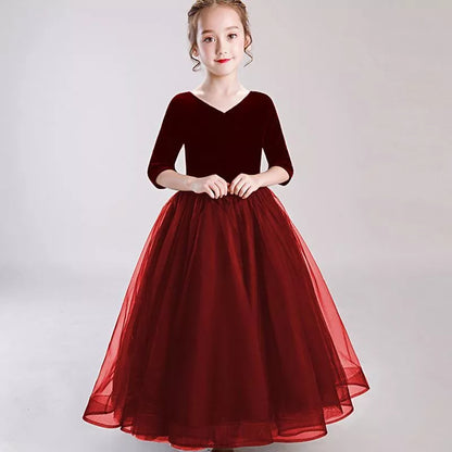 Children's knit princess dress in green, black, wine red, and blue