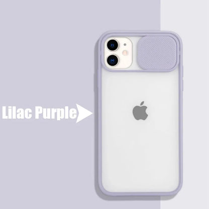 Slim silicone iPhone case with a frosted frame around the camera lens, shown in a choice of solid colours.