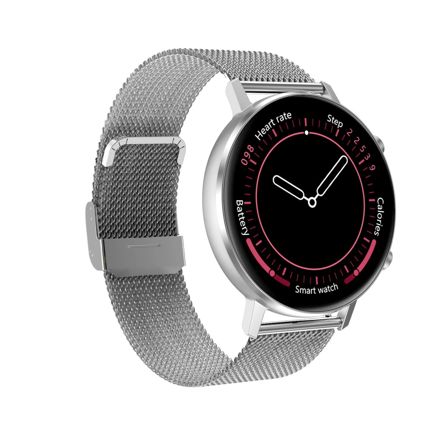 DT96 fitness tracker with steel strap on wrist, showing 1.3-inch screen displaying step count.