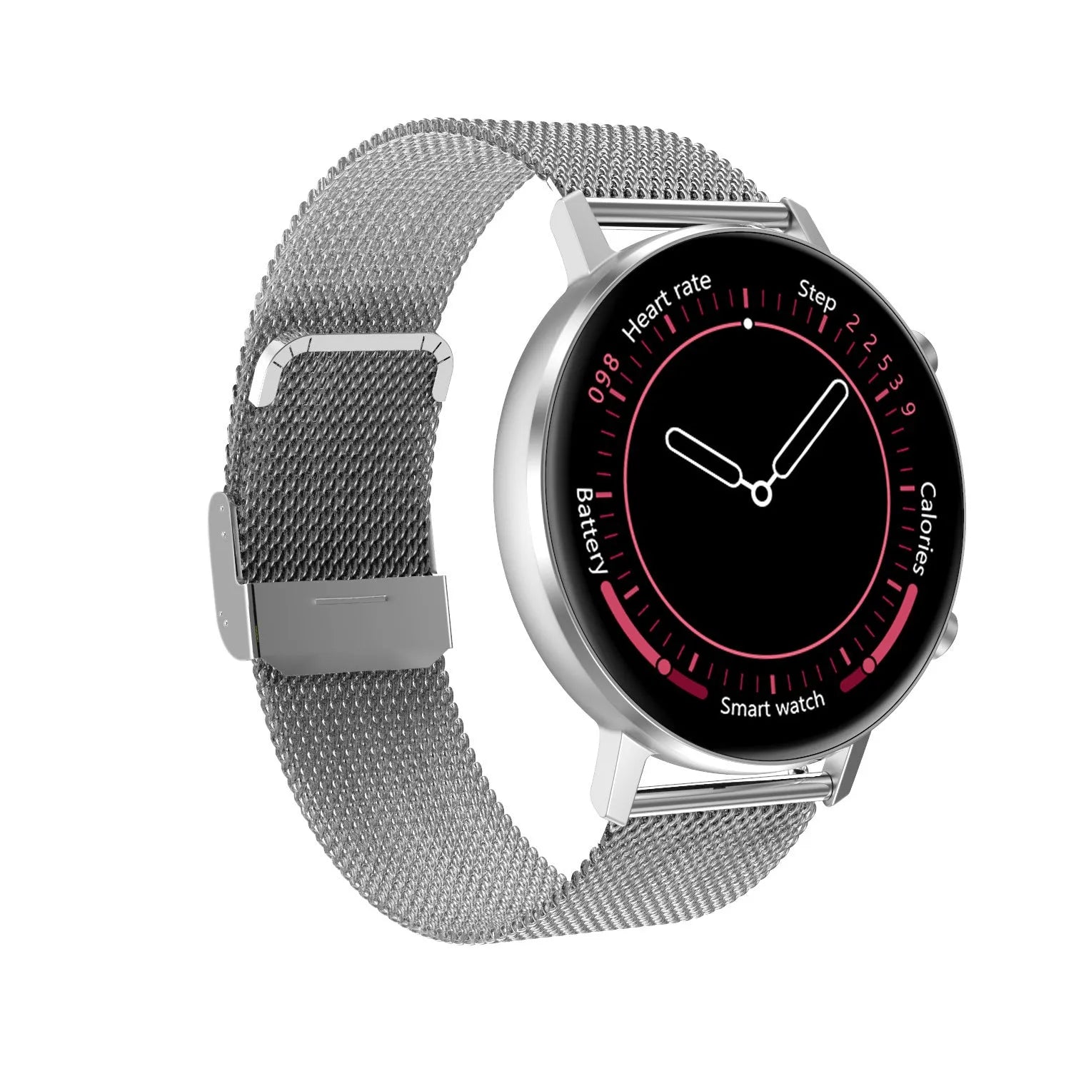 DT96 fitness tracker with steel strap on wrist, showing 1.3-inch screen displaying step count.