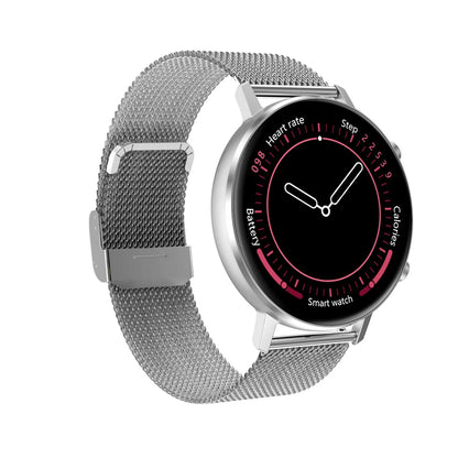 DT96 fitness tracker with steel strap on wrist, showing 1.3-inch screen displaying step count.
