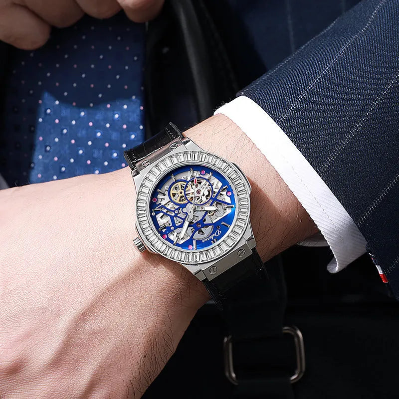 Automatic mechanical men's watch with white shell casing, 16mm thickness, hollow movement visible through dial, diamond studs, business style design
