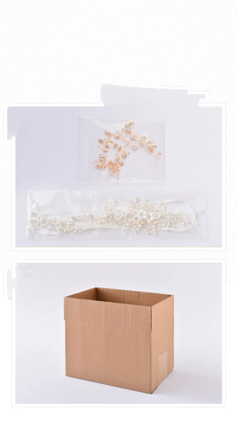 Gold bridal hair clip 27 x 13cm and earrings 6.5 x 4cm with rhinestone crystal and imitation pearl